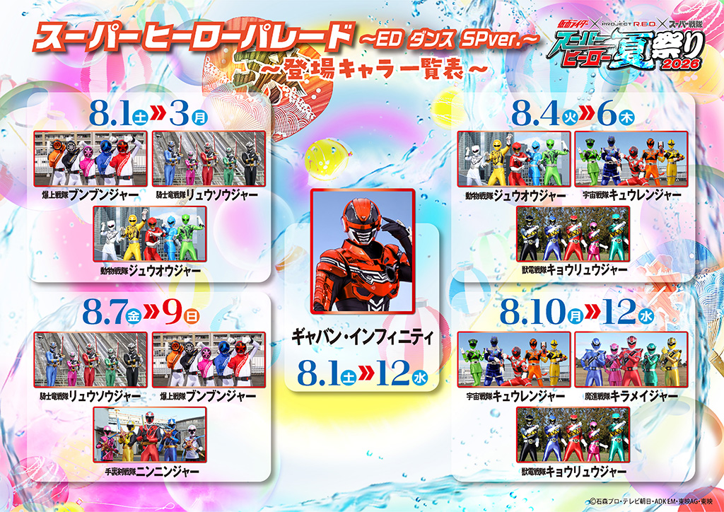 ～登場角色一覽～ ■ Gavan Infinity 登場期間：8月1日（星期六）≫8月12日（星期三） 全日程出場 ■ 8月1日（星期六）≫8月3日（星期一）：爆上戰隊BoonBoomger、騎士龍戰隊龍裝者、動物戰隊獸王者 ■ 8月4日（星期二）≫8月6日（星期四）：動物戰隊獸王者、宇宙戰隊九連者、獸電戰隊強龍者 ■ 8月7日（星期五）≫8月9日（星期天）：騎士龍戰隊龍裝者、爆上戰隊BoonBoomger、手裏劍戰隊忍忍者 ■ 8月10日（星期一）≫8月12日（星期三）：宇宙戰隊九連者、魔進戰隊煌輝者、獸電戰隊強龍者
